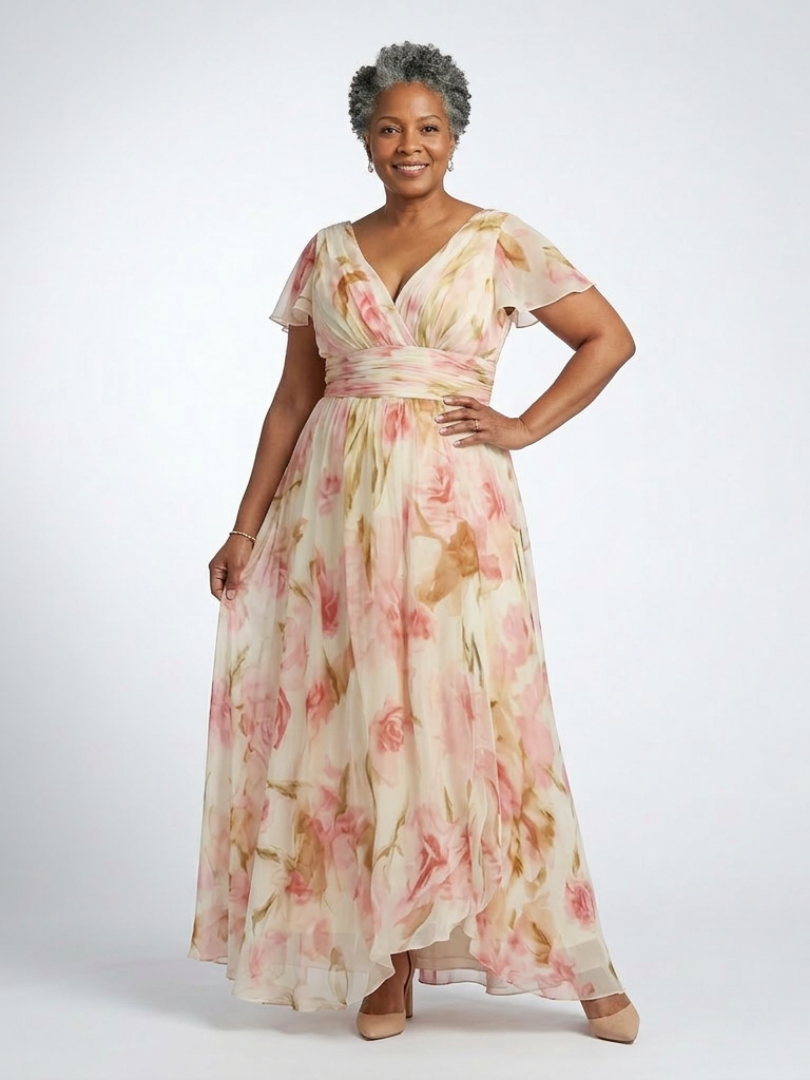Elara | Vestido Maxi Floral con Cuello en V y Manga Corta