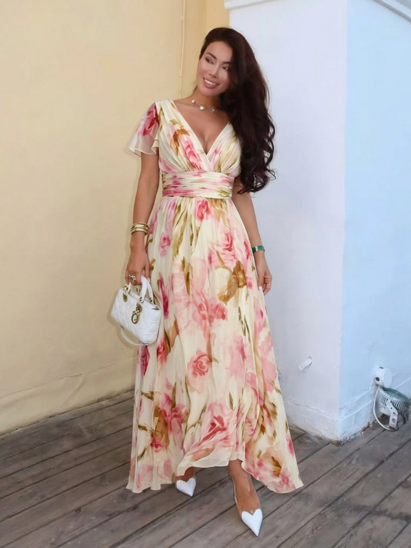 Elara | Vestido Maxi Floral con Cuello en V y Manga Corta