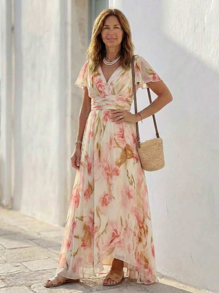 Elara | Vestido Maxi Floral con Cuello en V y Manga Corta