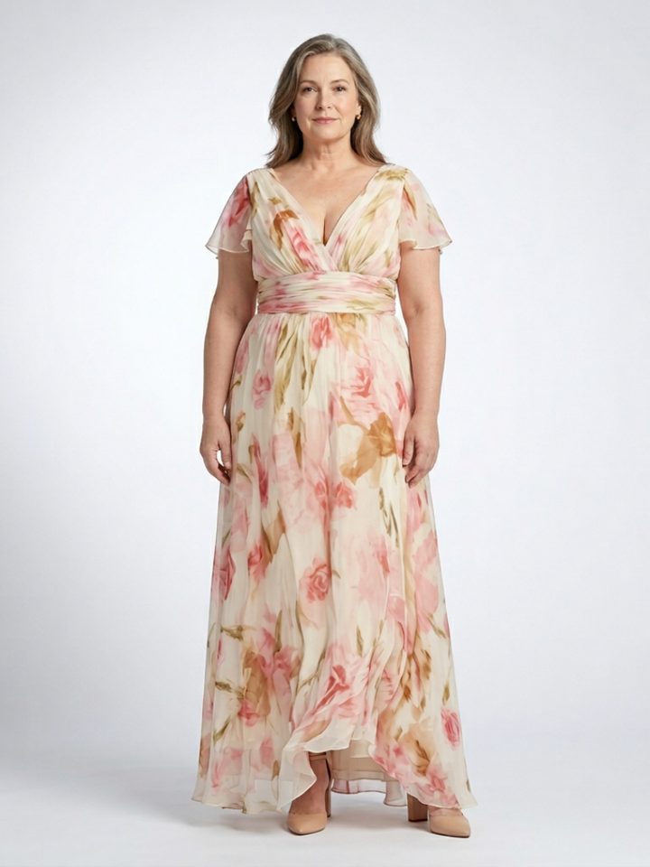 Elara | Vestido Maxi Floral con Cuello en V y Manga Corta