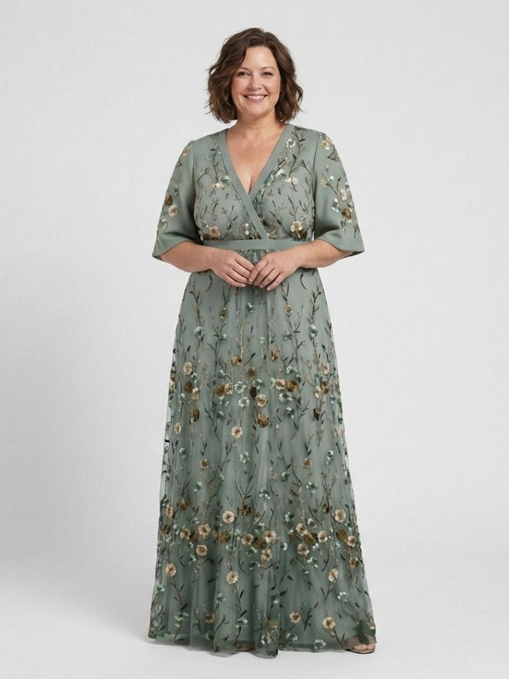 Evadne | Vestido Maxi de Manga Corta con Escote en V Floral