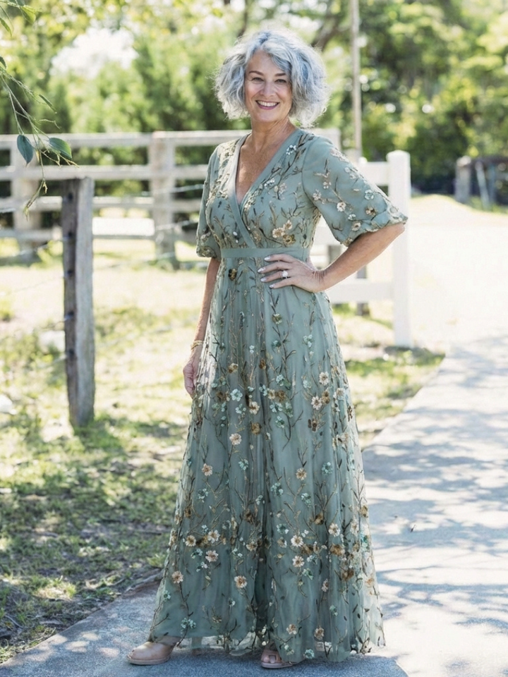 Evadne | Vestido Maxi de Manga Corta con Escote en V Floral