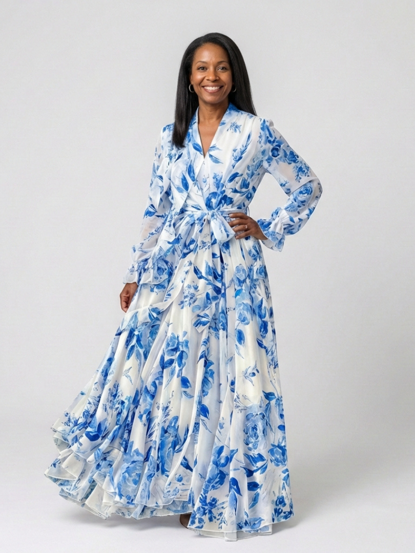 Lillian | Vestido Maxi Envolvente de Manga Larga Floral