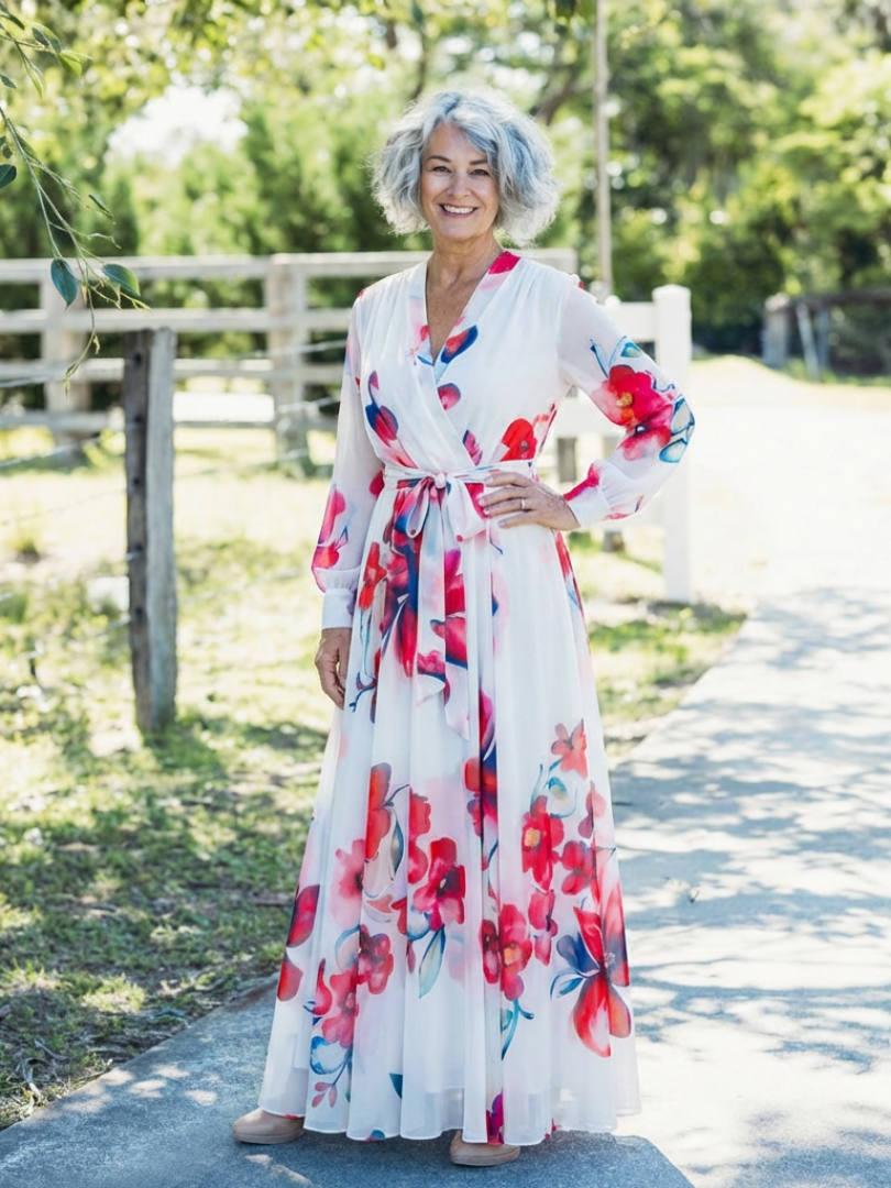 Lillian | Vestido Maxi Envolvente de Manga Larga Floral