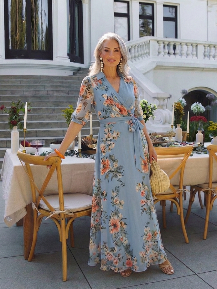 Elowen | Vestido Maxi con Cuello en V y Estampado Floral